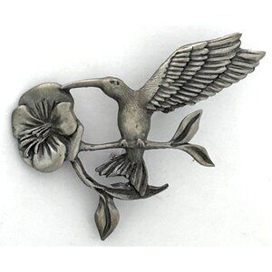 Vintage Pewter Hummingbird & Flower Brooch Pin By Spoon 2.25 Inch